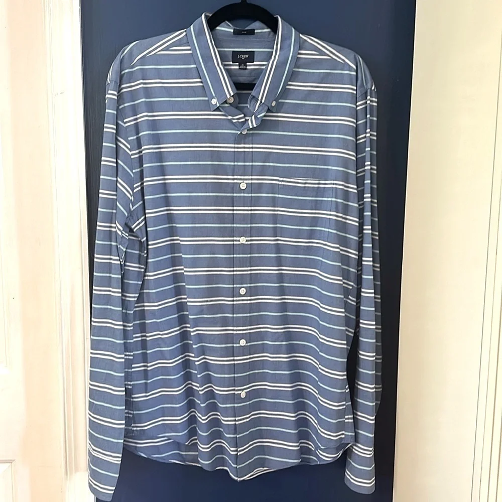 Men’s J.Crew Blue Striped Cotton Slim Fit Long Sleeve Casual Shirt Size XL